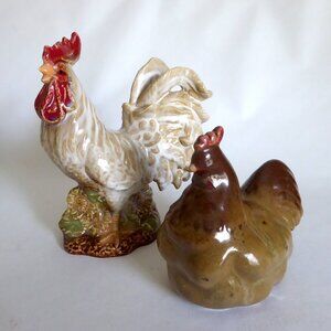 NEW VINTAGE RUSTIC ROOSTER & HEN CHICKEN CERAMIC FIGURE SET